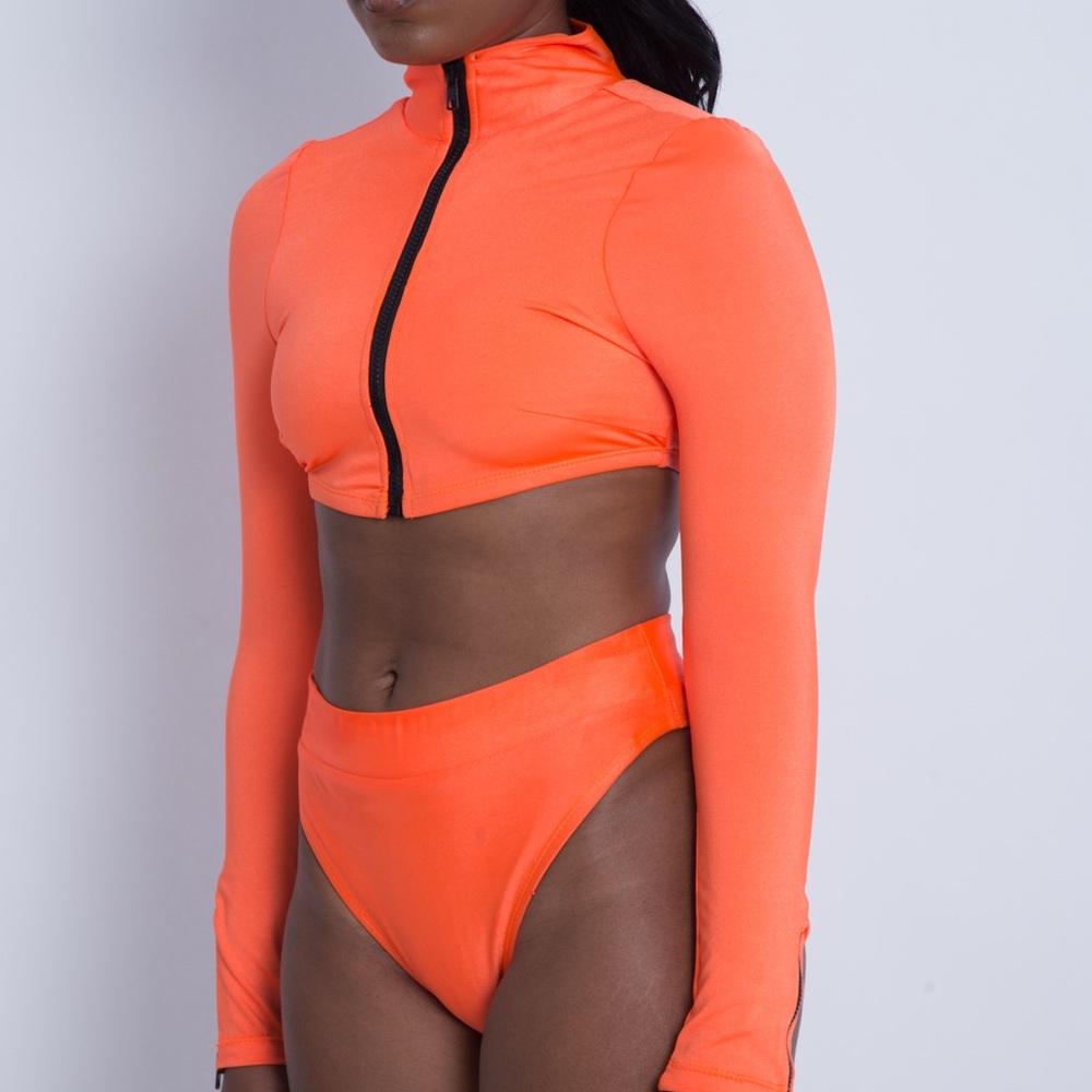 Neon Orange Long Sleeve Crop Top & High Waist Bikini  sizes XS, S, M, & L, X-L